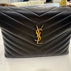 Yves Saint Laurent Black Chevron Shoulder Bag with Gold Accents